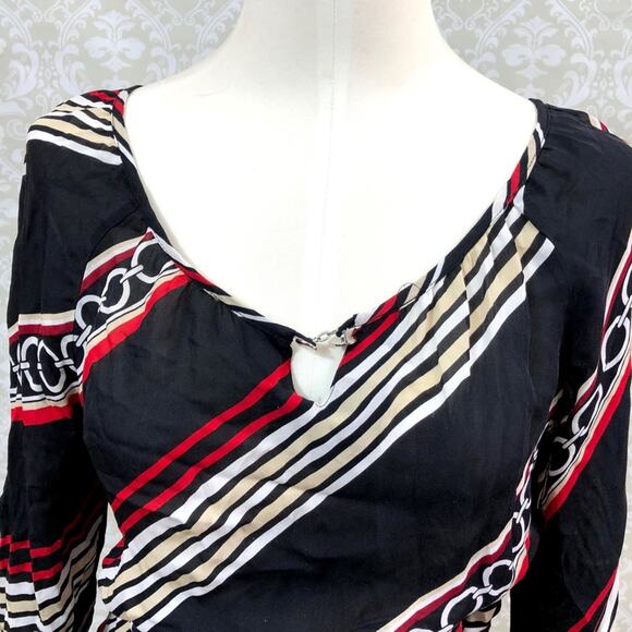 WHBM Small Womens Black Red Silk Chain Print Peasant Blouse - Picture 2 of 5